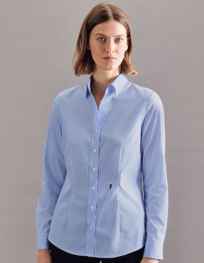 Women?s Blouse Slim Fit Check/Stripes Long Sleeve - New Check Light Blue - White, 32